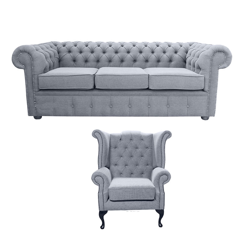 Product photograph of Chesterfield Original 3 Seater Queen Anne Chair Verity Plain Steel Grey Fabric Sofa Suite from Chesterfield Sofas