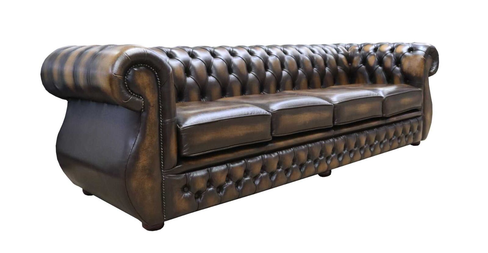 Product photograph of Chesterfield Original 4 Seater Sofa Antique Gold Real Leather In Kimberley Style from Chesterfield Sofas.