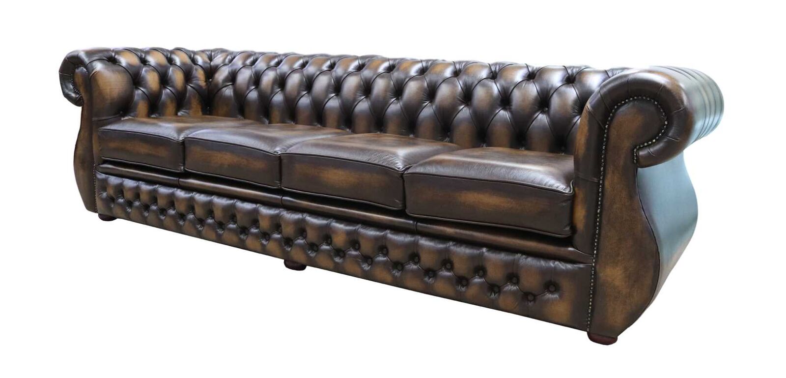 Product photograph of Chesterfield Original 4 Seater Sofa Antique Gold Real Leather In Kimberley Style from Chesterfield Sofas.