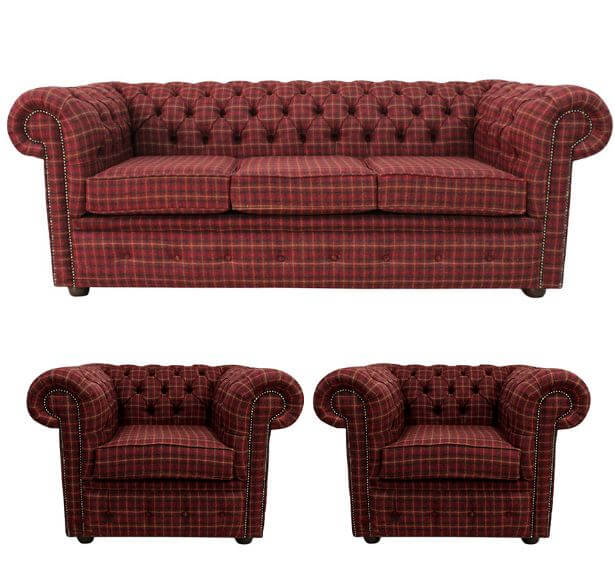 Product photograph of Chesterfield Original Arnold 3 Seater Balmoral Claret Wool Check Sofa Suite In Classic Style from Chesterfield Sofas