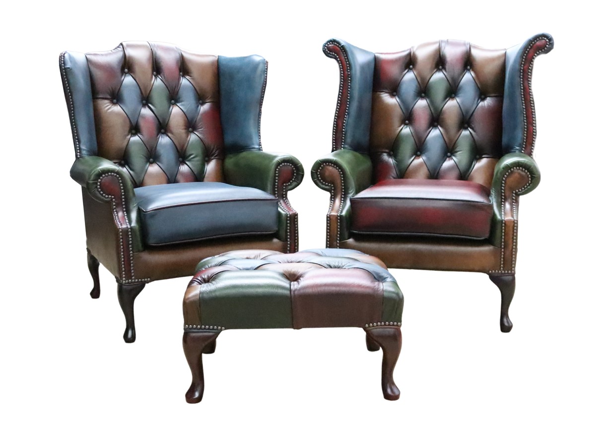 Product photograph of Chesterfield Original Patchwork Pair Of Queen Anne Wing Chairs Antique Real Leather from Chesterfield Sofas