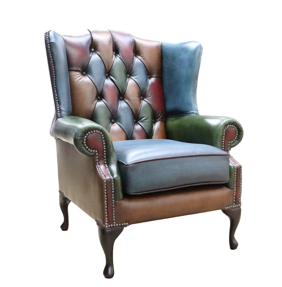 Product photograph of Chesterfield Original Patchwork Pair Of Queen Anne Wing Chairs Antique Real Leather from Chesterfield Sofas.