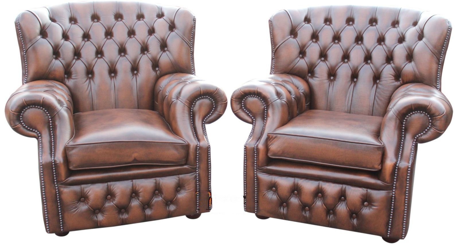 Product photograph of Chesterfield Pair High Back Wing Chair Antique Brown Leather Armchair In Monks Style from Chesterfield Sofas.