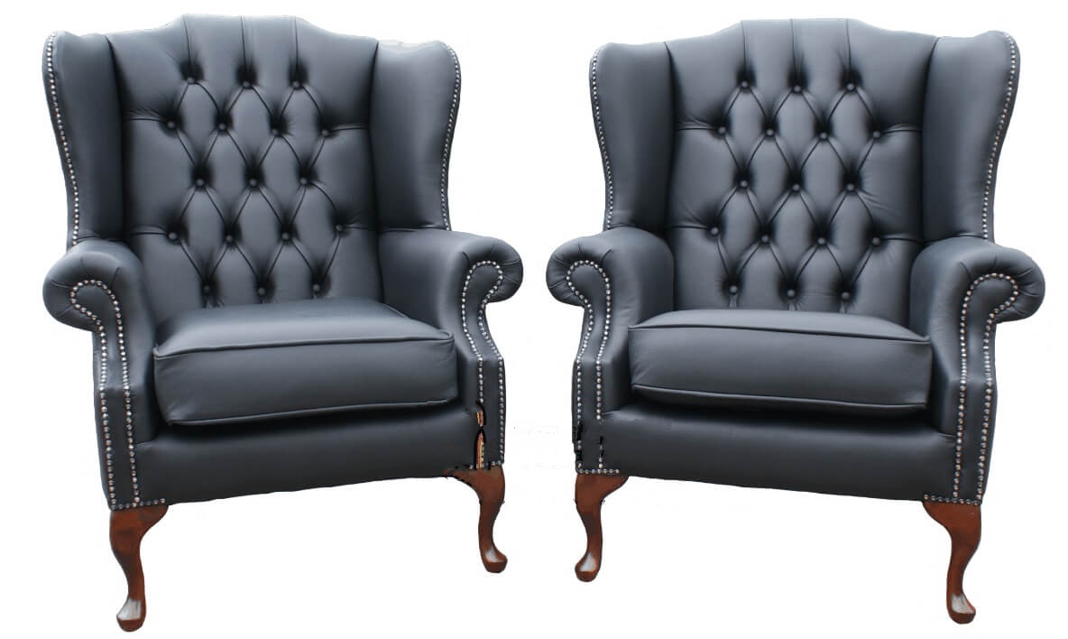 Product photograph of Chesterfield Pair High Back Wing Chair Shelly Black Leather Bespoke In Mallory Style from Chesterfield Sofas.