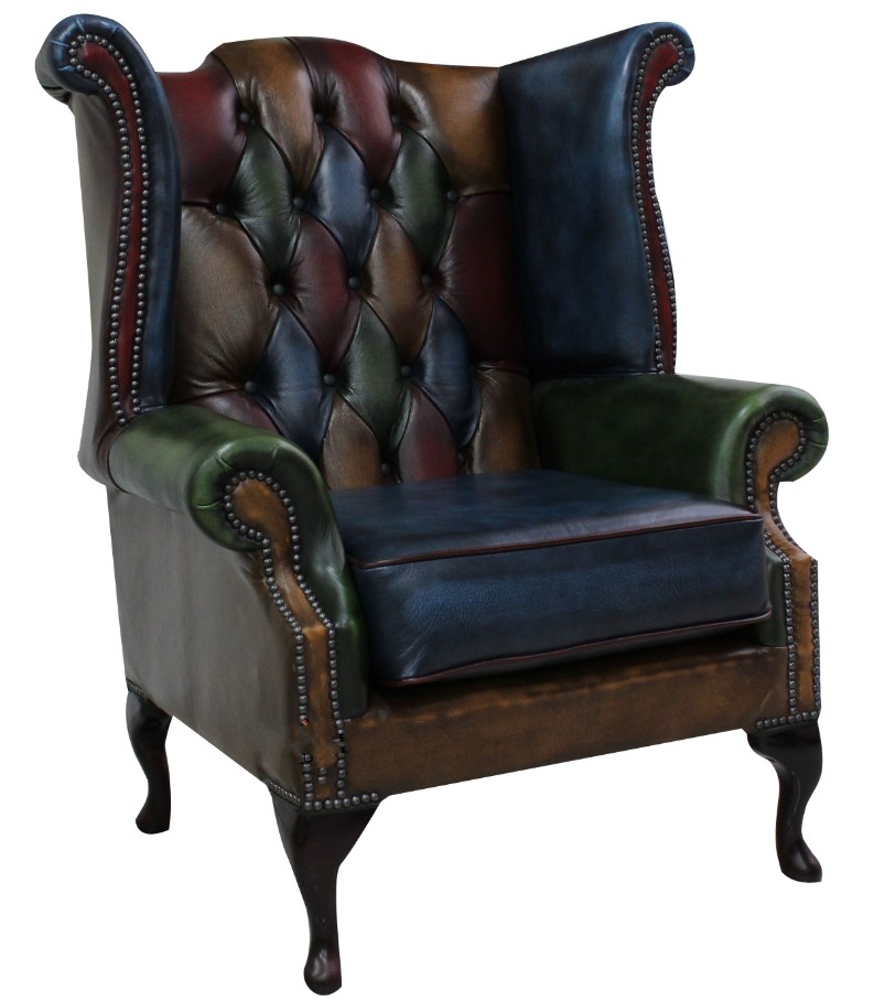 Product photograph of Chesterfield Patchwork High Back Wing Chair Antique Real Leather In Queen Anne Style from Chesterfield Sofas