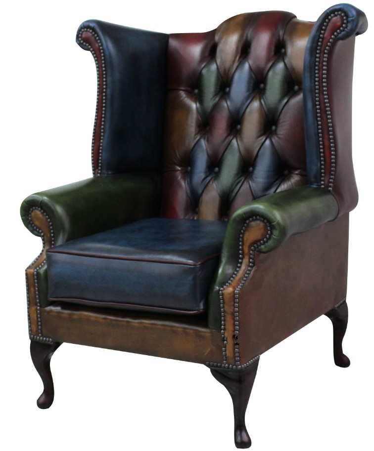 Product photograph of Chesterfield Patchwork High Back Wing Chair Antique Real Leather In Queen Anne Style from Chesterfield Sofas.