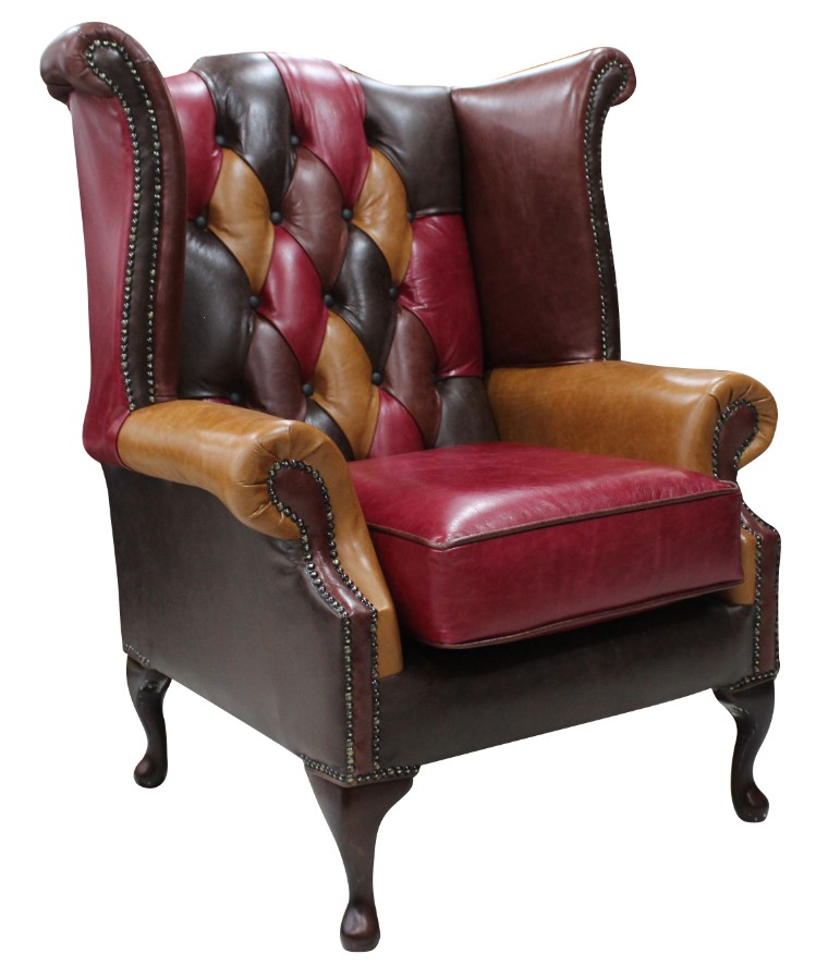 Product photograph of Chesterfield Patchwork High Back Wing Chair Old English Real Leather In Queen Anne Style from Chesterfield Sofas