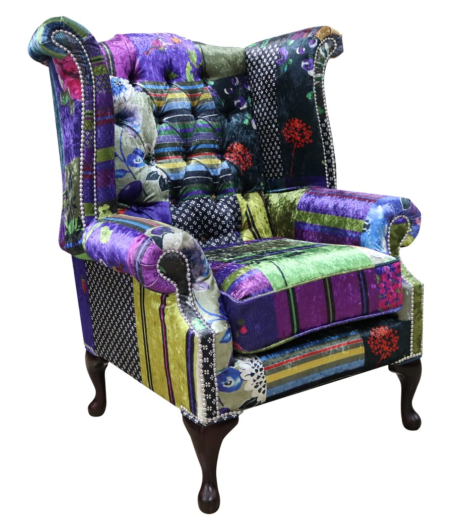Product photograph of Chesterfield Patchwork Wing Chair London Multi Real Velvet In Queen Anne Style from Chesterfield Sofas
