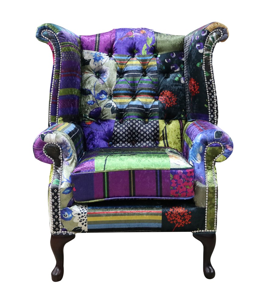 Product photograph of Chesterfield Patchwork Wing Chair London Multi Real Velvet In Queen Anne Style from Chesterfield Sofas.