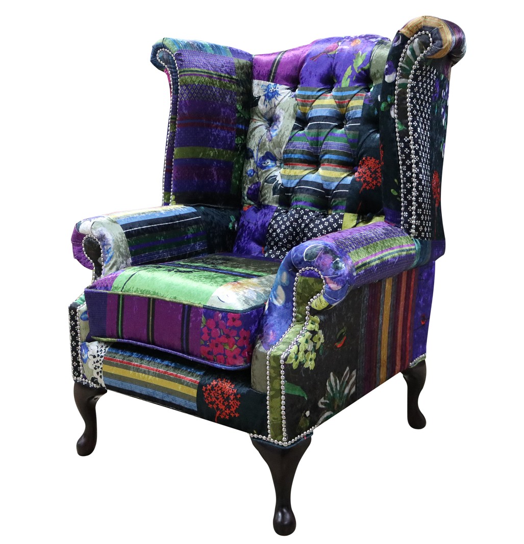 Product photograph of Chesterfield Patchwork Wing Chair London Multi Real Velvet In Queen Anne Style from Chesterfield Sofas.