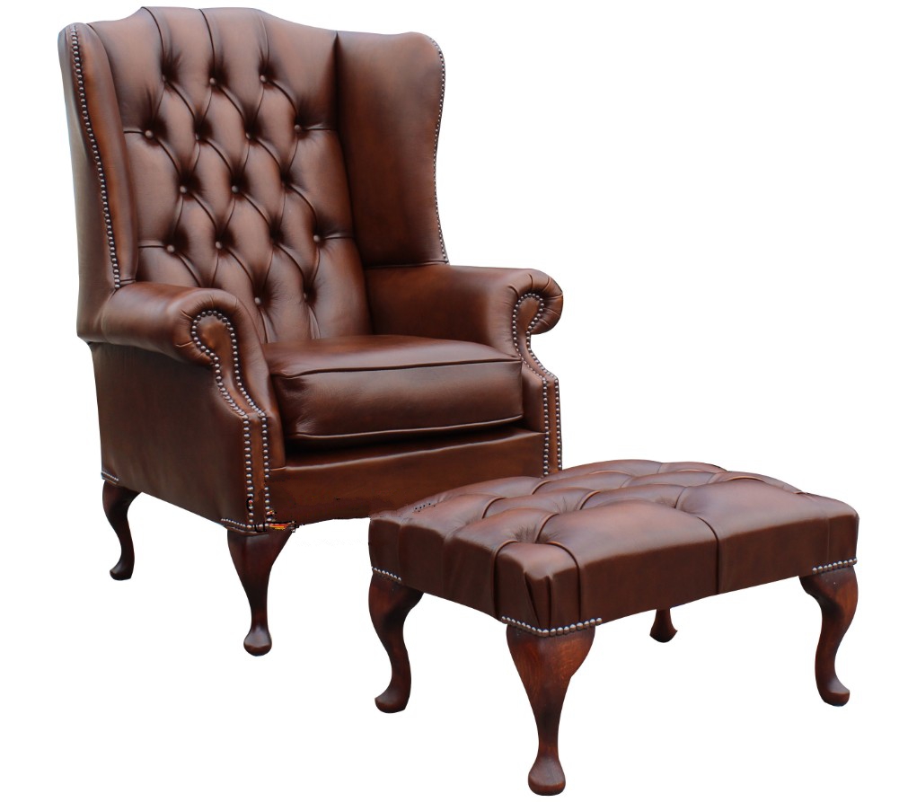 Product photograph of Chesterfield Prince 039 S High Back Wing Chair Footstool Antique Tan Leather In Mallory Style from Chesterfield Sofas.