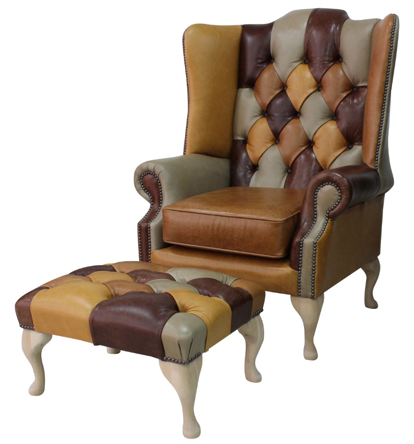 Product photograph of Chesterfield Prince 039 S High Back Wing Chair Footstool Patchwork Old English Leather In Mallory Style from Chesterfield Sofas