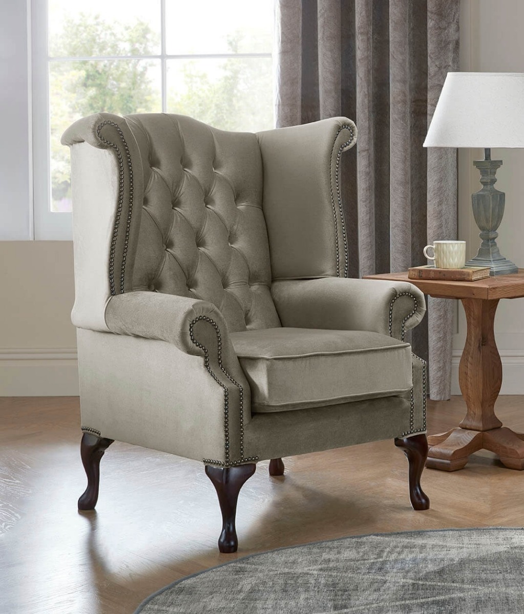 Product photograph of Chesterfield Queen Anne Beatrice Armchairs Malta Putty 09 from Chesterfield Sofas