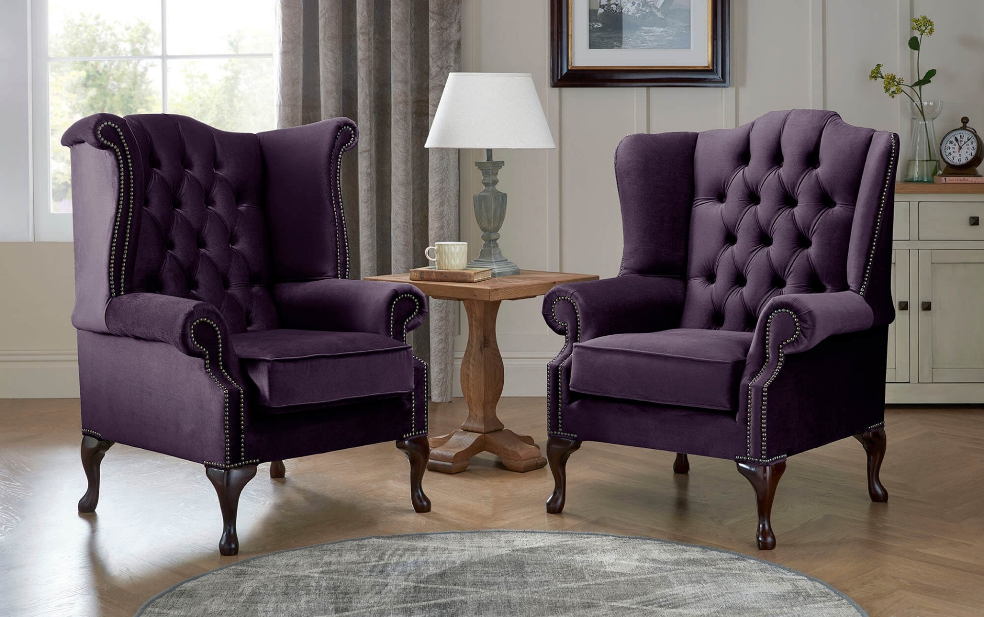 Product photograph of Chesterfield Queen Anne Beatrice Carlton Flat Wing Armchairs Malta Amethyst 03 from Chesterfield Sofas