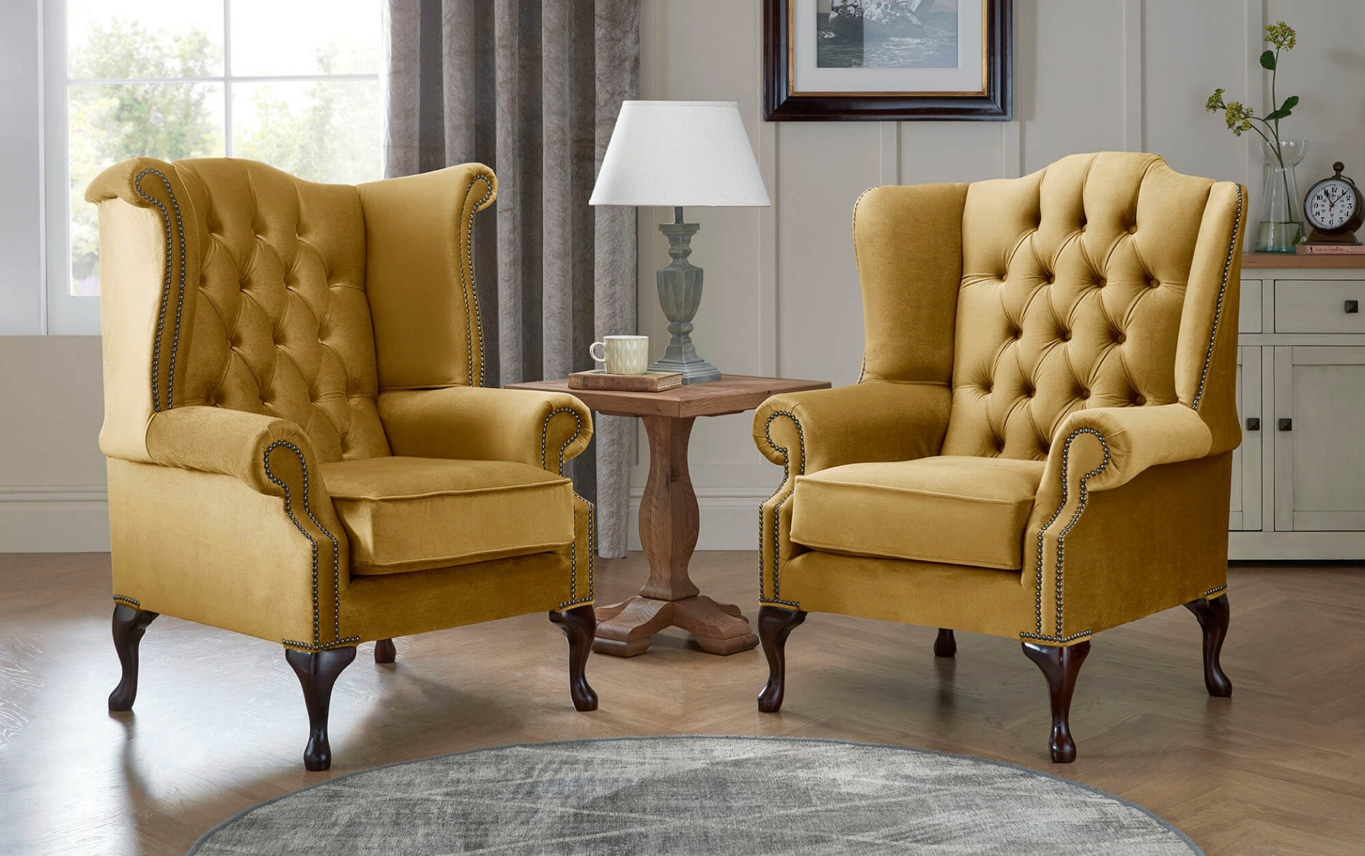 Product photograph of Chesterfield Queen Anne Beatrice Carlton Flat Wing Armchairs Malta Gold 13 from Chesterfield Sofas