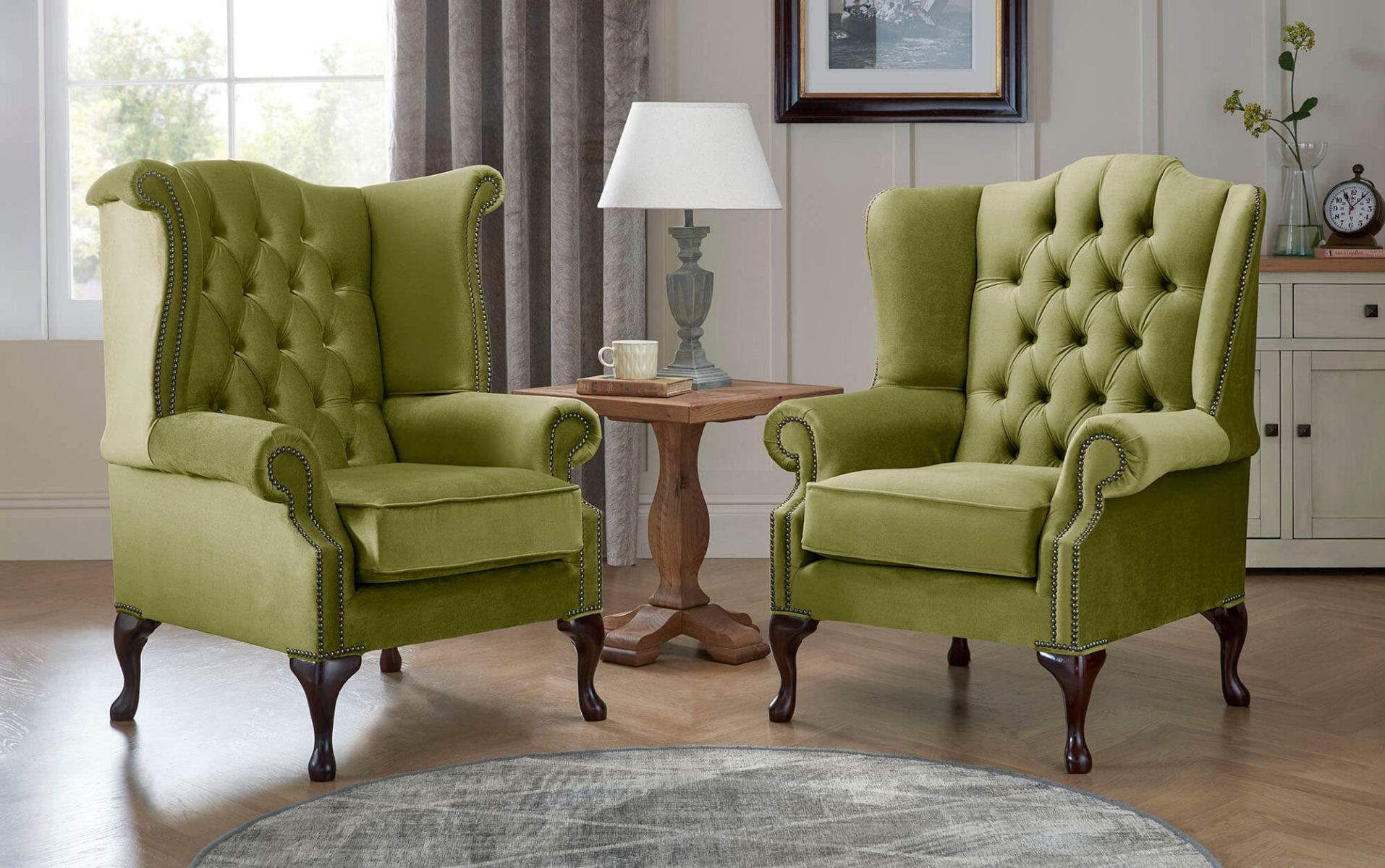 Product photograph of Chesterfield Queen Anne Beatrice Carlton Flat Wing Armchairs Malta Grass 12 from Chesterfield Sofas