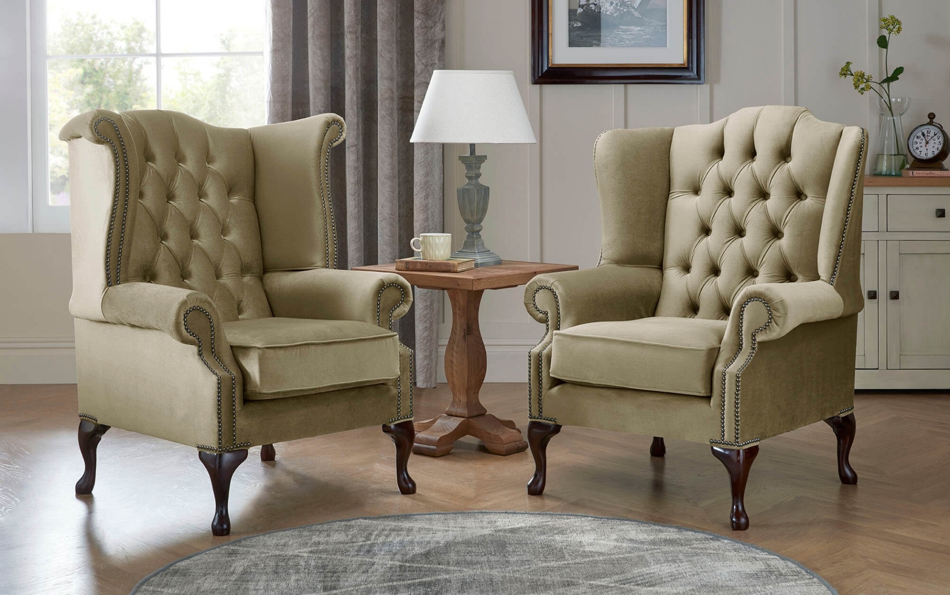 Product photograph of Chesterfield Queen Anne Beatrice Carlton Flat Wing Armchairs Malta Parchment 10 from Chesterfield Sofas