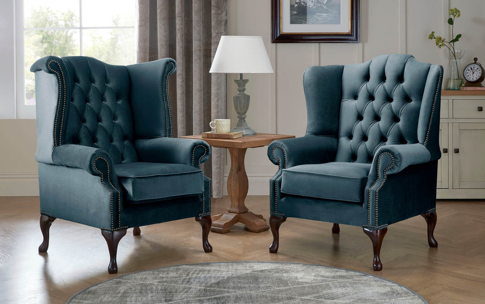 Product photograph of Chesterfield Queen Anne Beatrice Carlton Flat Wing Armchairs Malta Peacock 04 from Chesterfield Sofas