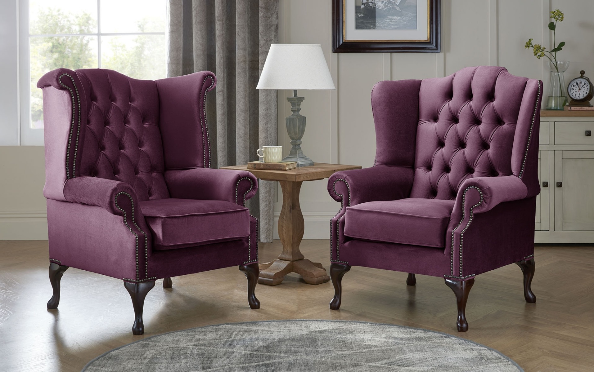 Product photograph of Chesterfield Queen Anne Beatrice Carlton Flat Wing Armchairs Malta Purple 01 from Chesterfield Sofas