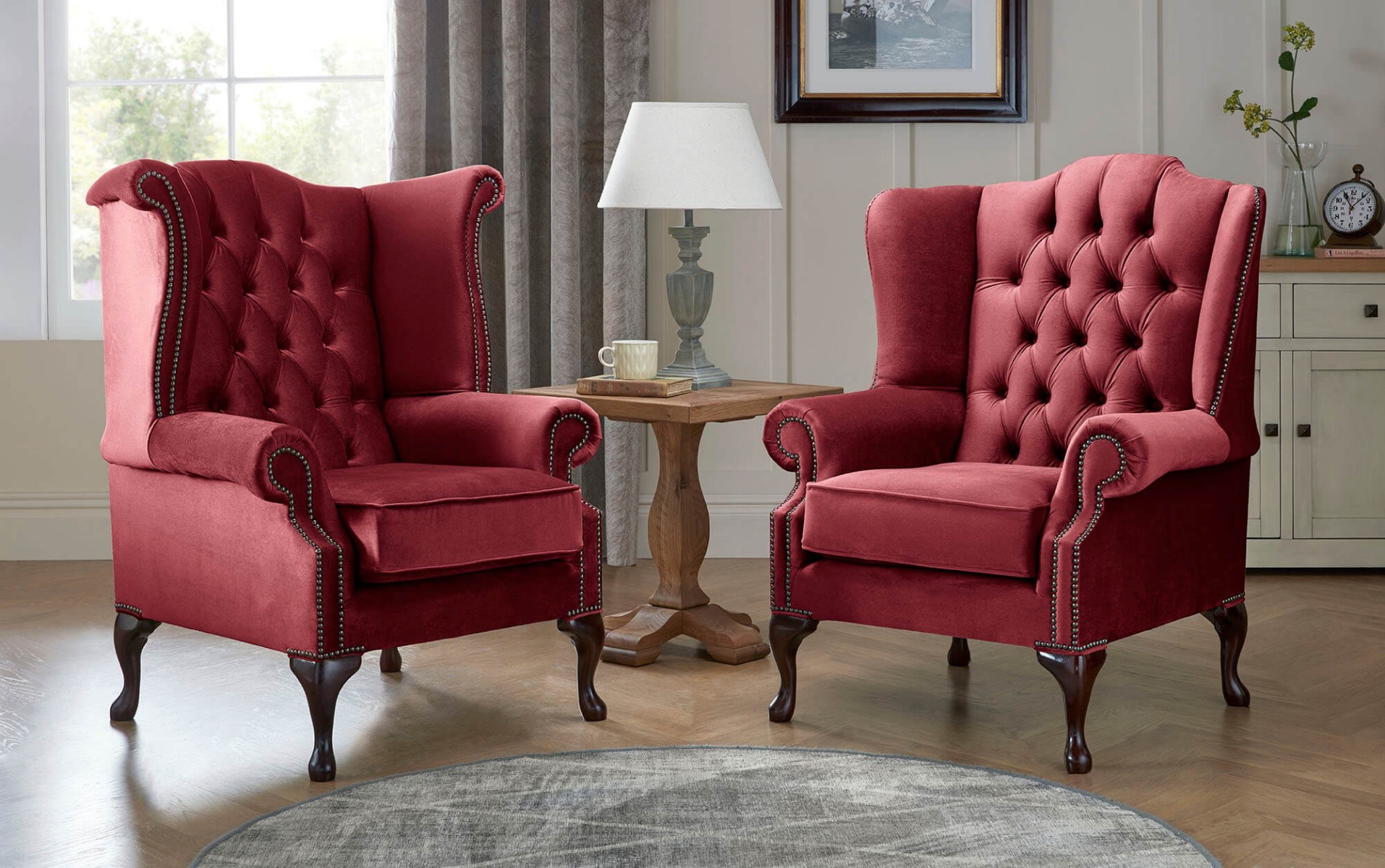 Product photograph of Chesterfield Queen Anne Beatrice Carlton Flat Wing Armchairs Malta Red 14 from Chesterfield Sofas