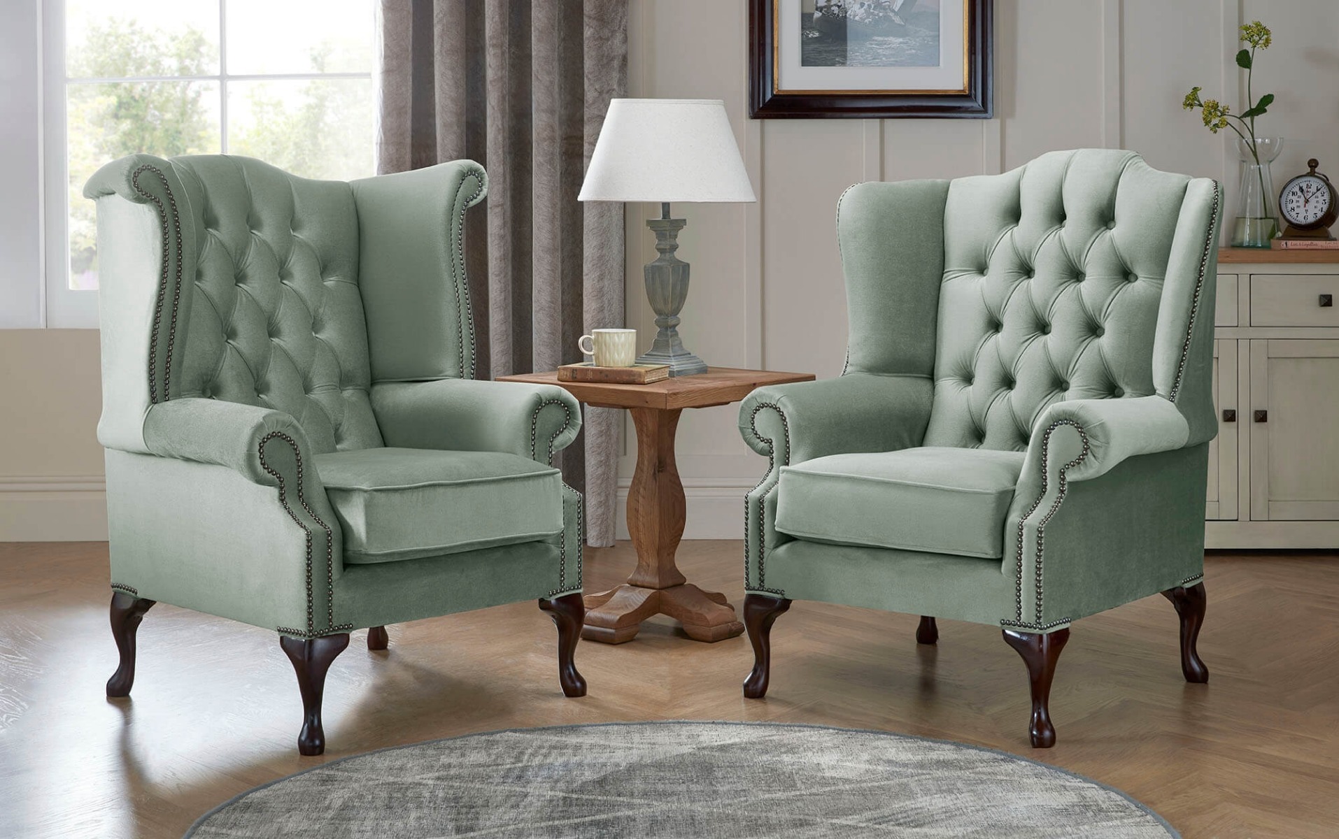 Product photograph of Chesterfield Queen Anne Beatrice Carlton Flat Wing Armchairs Malta Seaspray 11 from Chesterfield Sofas