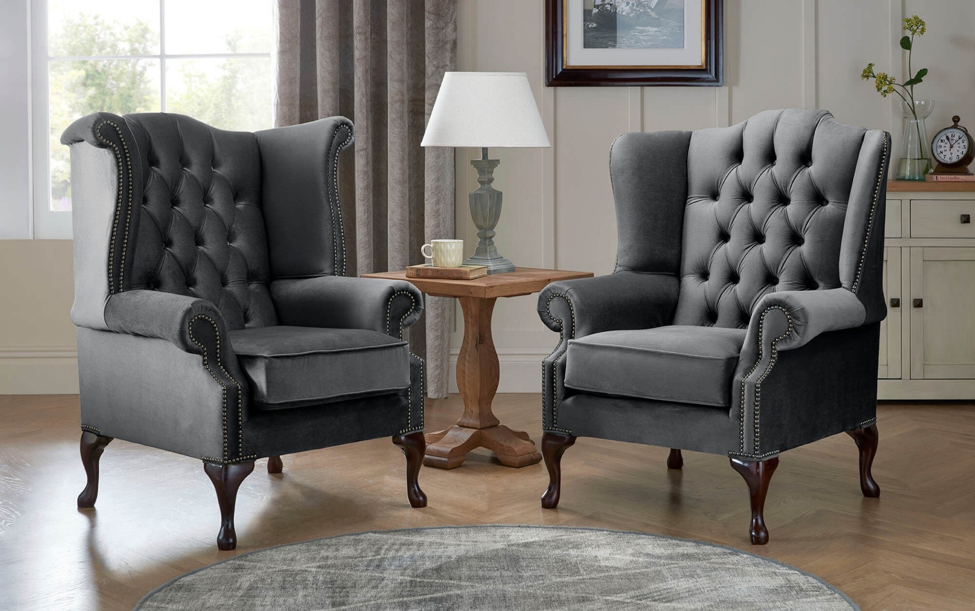 Product photograph of Chesterfield Queen Anne Beatrice Carlton Flat Wing Armchairs Malta Slate 05 from Chesterfield Sofas