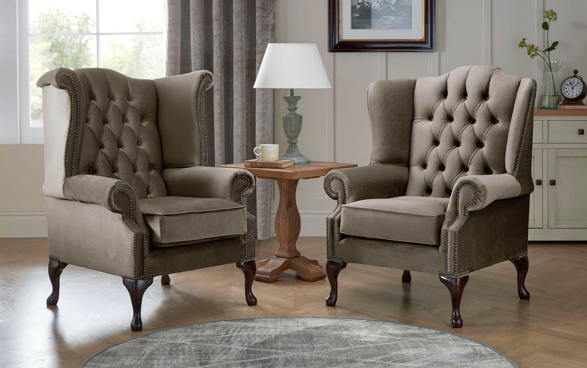 Product photograph of Chesterfield Queen Anne Beatrice Carlton Flat Wing Armchairs Malta Taupe 08 from Chesterfield Sofas