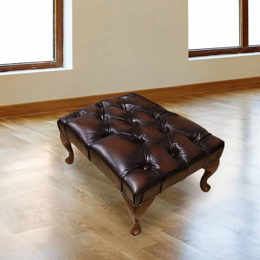 Product photograph of Chesterfield Queen Anne Footstool Antique Brown Real Leather In Classic Style from Chesterfield Sofas