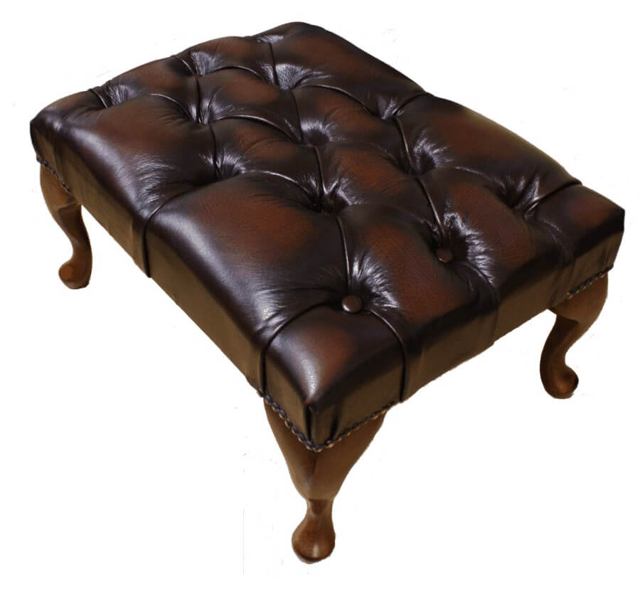Product photograph of Chesterfield Queen Anne Footstool Antique Brown Real Leather In Classic Style from Chesterfield Sofas.