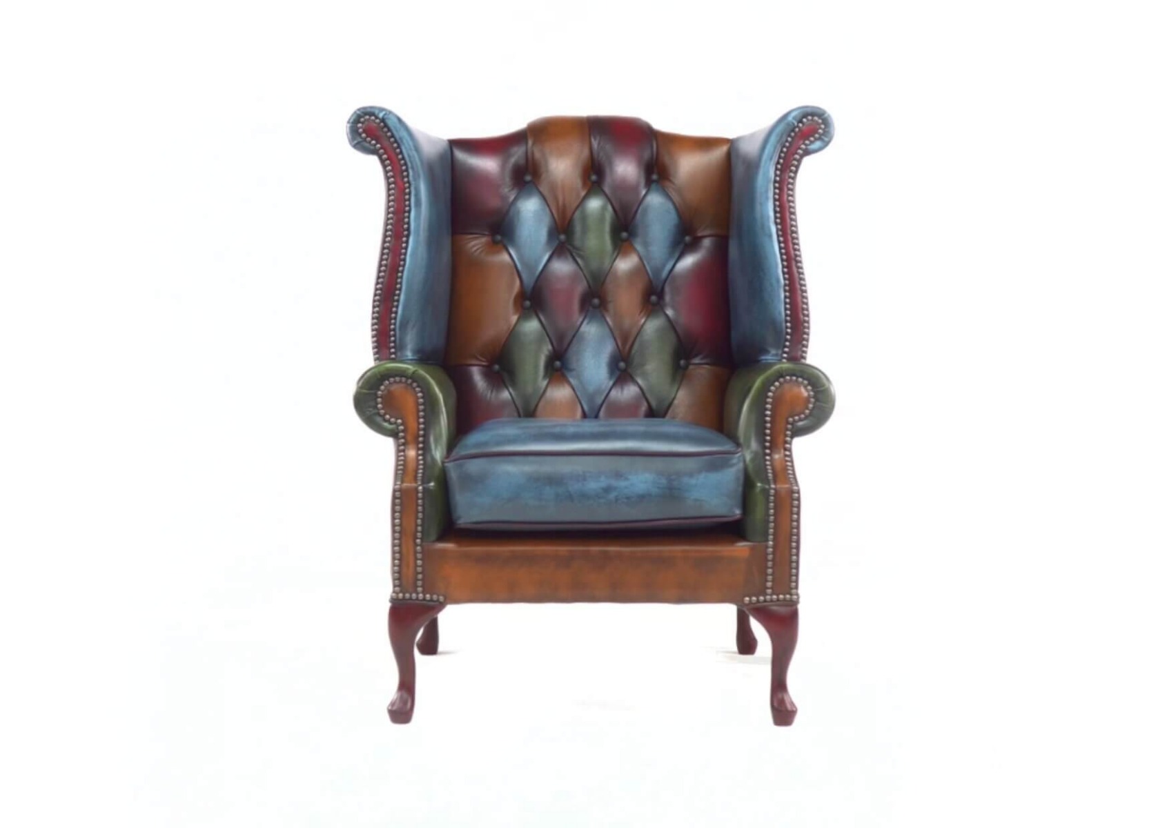 Product photograph of Chesterfield Patchwork High Back Wing Chair Antique Real Leather In Queen Anne Style from Chesterfield Sofas.