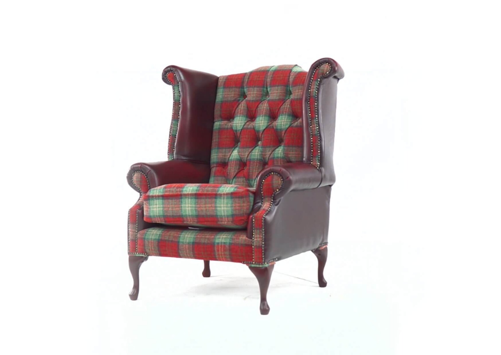 Product photograph of Chesterfield High Back Wing Chair Lana Terracotta Fabric Antique Oxblood Real Leather In Queen Anne Style from Chesterfield Sofas.