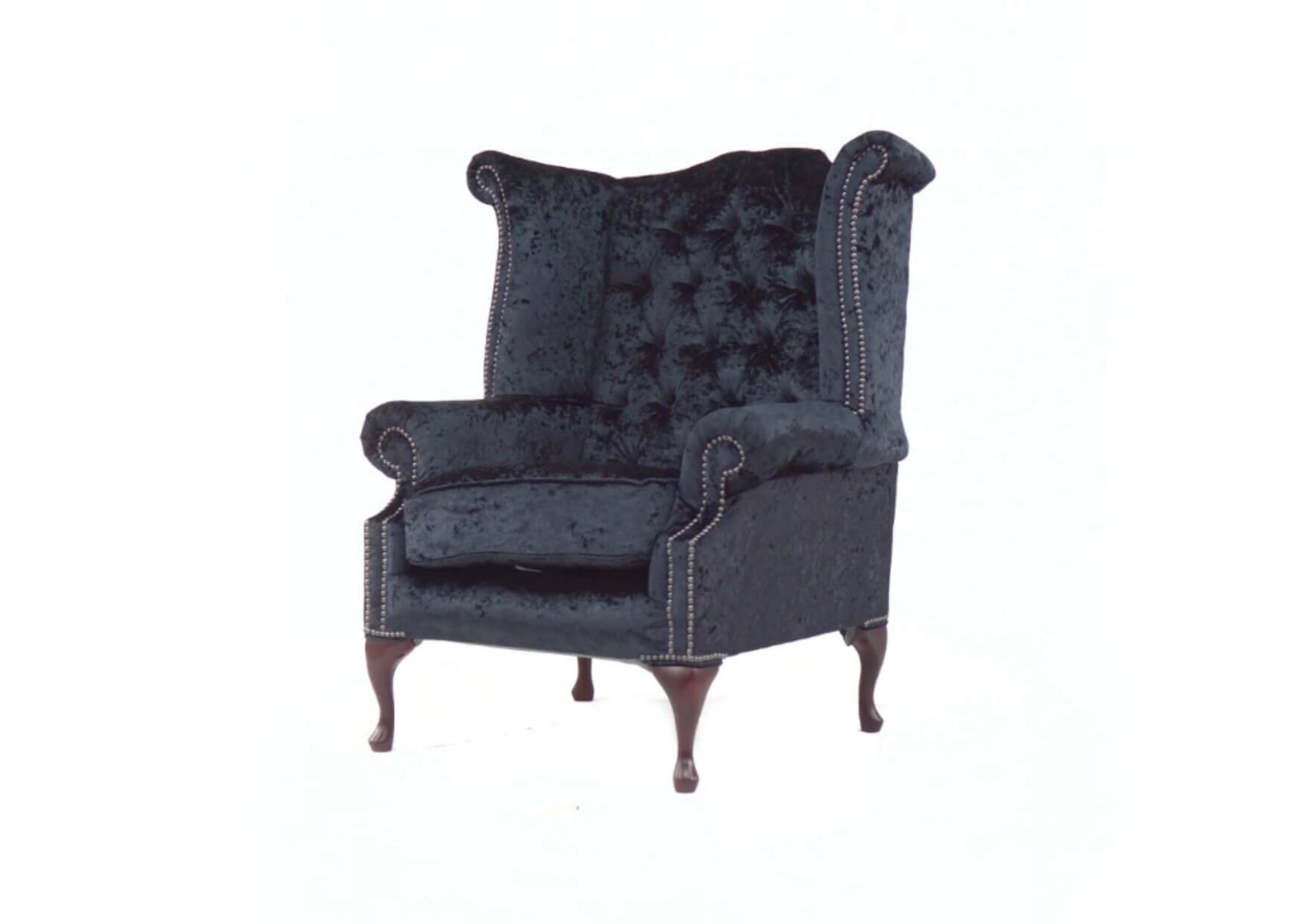 Product photograph of Chesterfield High Back Wing Chair Shimmer Black Real Velvet Bespoke In Queen Anne Style from Chesterfield Sofas.