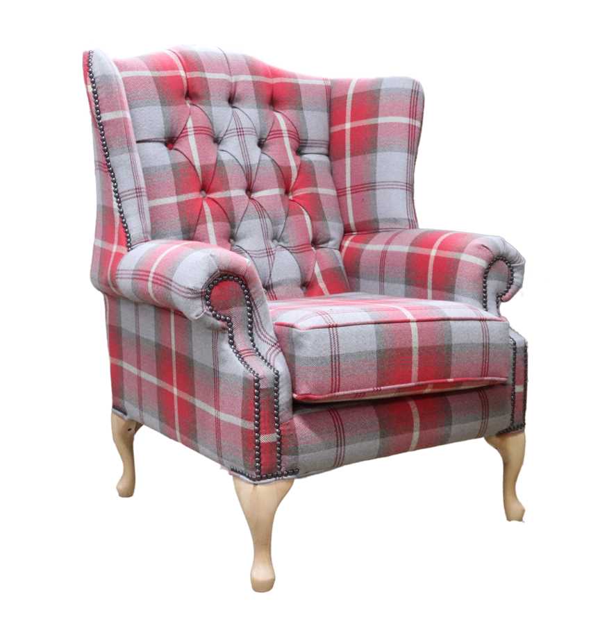 Product photograph of Chesterfield Queen Anne Wing Chair Balmoral Cherry Checked Fabric P Amp S In Mallory Style from Chesterfield Sofas