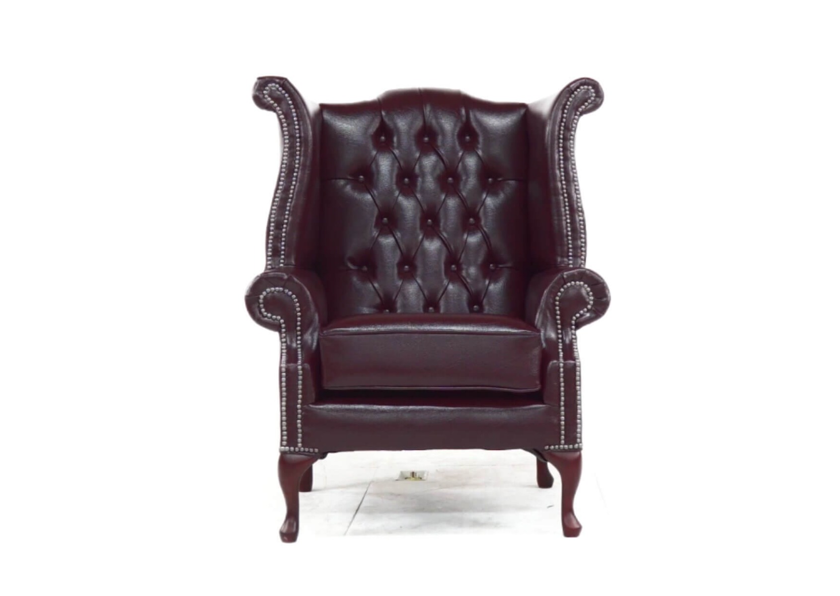 Product photograph of Chesterfield High Back Wing Chair Bonded Burgandy Real Leather Bespoke In Queen Anne Style from Chesterfield Sofas.