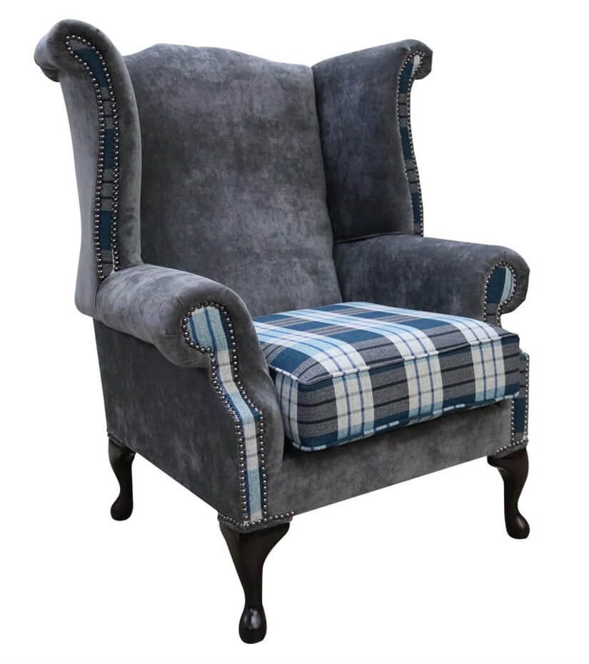 Product photograph of Chesterfield Saxon Armchair Kintyre Teal Check And Slate Grey Fabric In Queen Anne Style from Chesterfield Sofas