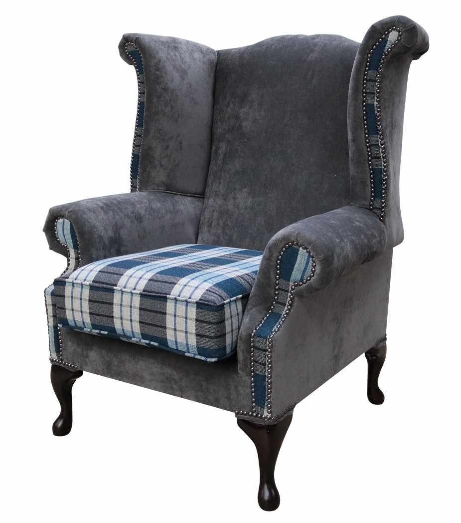 Product photograph of Chesterfield Saxon Armchair Kintyre Teal Check And Slate Grey Fabric In Queen Anne Style from Chesterfield Sofas.