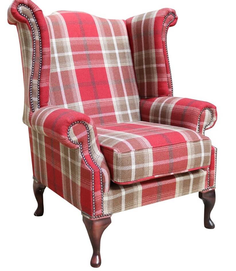Product photograph of Chesterfield Saxon High Back Armchair Balmoral Red Check Fabric In Queen Anne Style from Chesterfield Sofas
