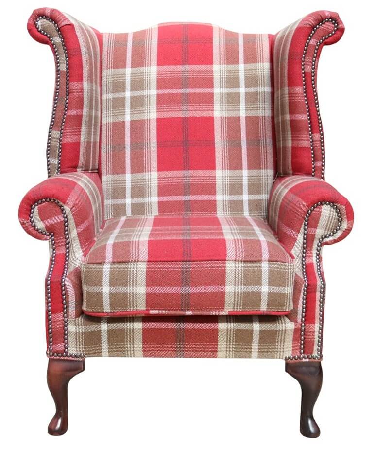 Product photograph of Chesterfield Saxon High Back Armchair Balmoral Red Check Fabric In Queen Anne Style from Chesterfield Sofas.