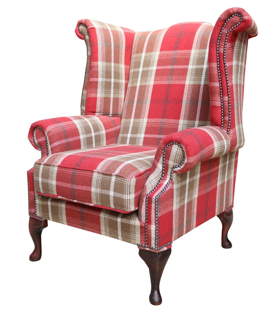 Product photograph of Chesterfield Saxon High Back Armchair Balmoral Red Check Fabric In Queen Anne Style from Chesterfield Sofas.