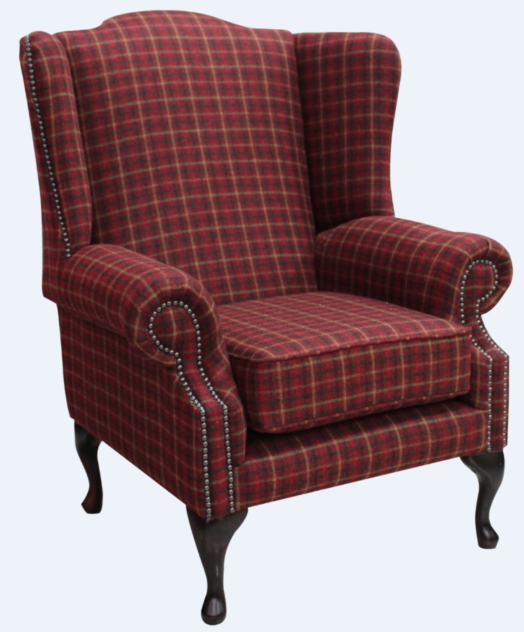 Product photograph of Chesterfield Saxon High Back Wing Chair Balmoral Claret Check Tweed Wool In Mallory Style from Chesterfield Sofas