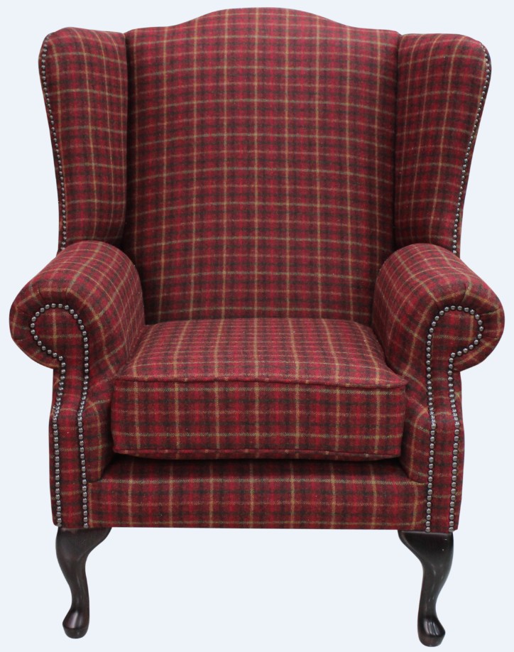 Product photograph of Chesterfield Saxon High Back Wing Chair Balmoral Claret Check Tweed Wool In Mallory Style from Chesterfield Sofas.