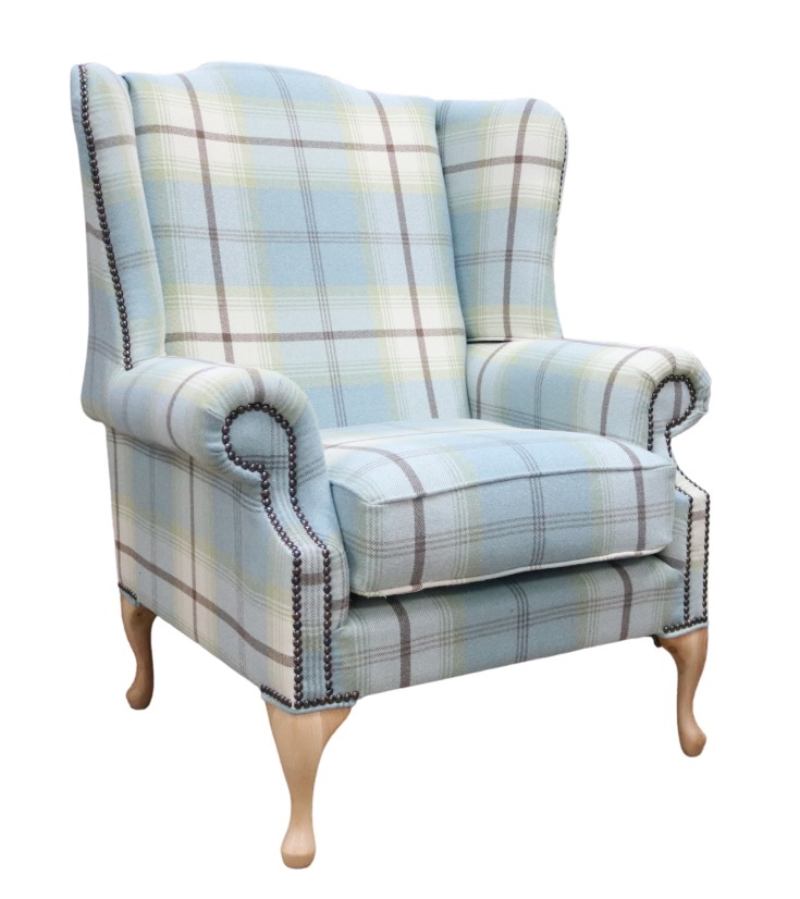 Product photograph of Chesterfield Saxon High Back Wing Chair Balmoral Duck Egg Check Fabric In Mallory Style from Chesterfield Sofas