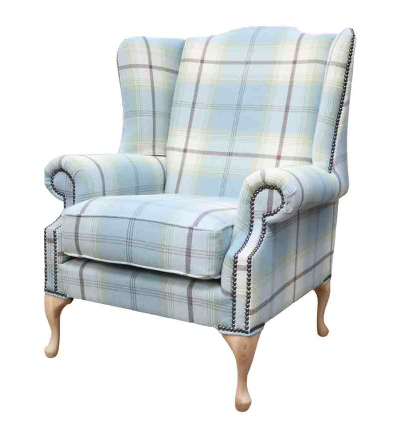 Product photograph of Chesterfield Saxon High Back Wing Chair Balmoral Duck Egg Check Fabric In Mallory Style from Chesterfield Sofas.
