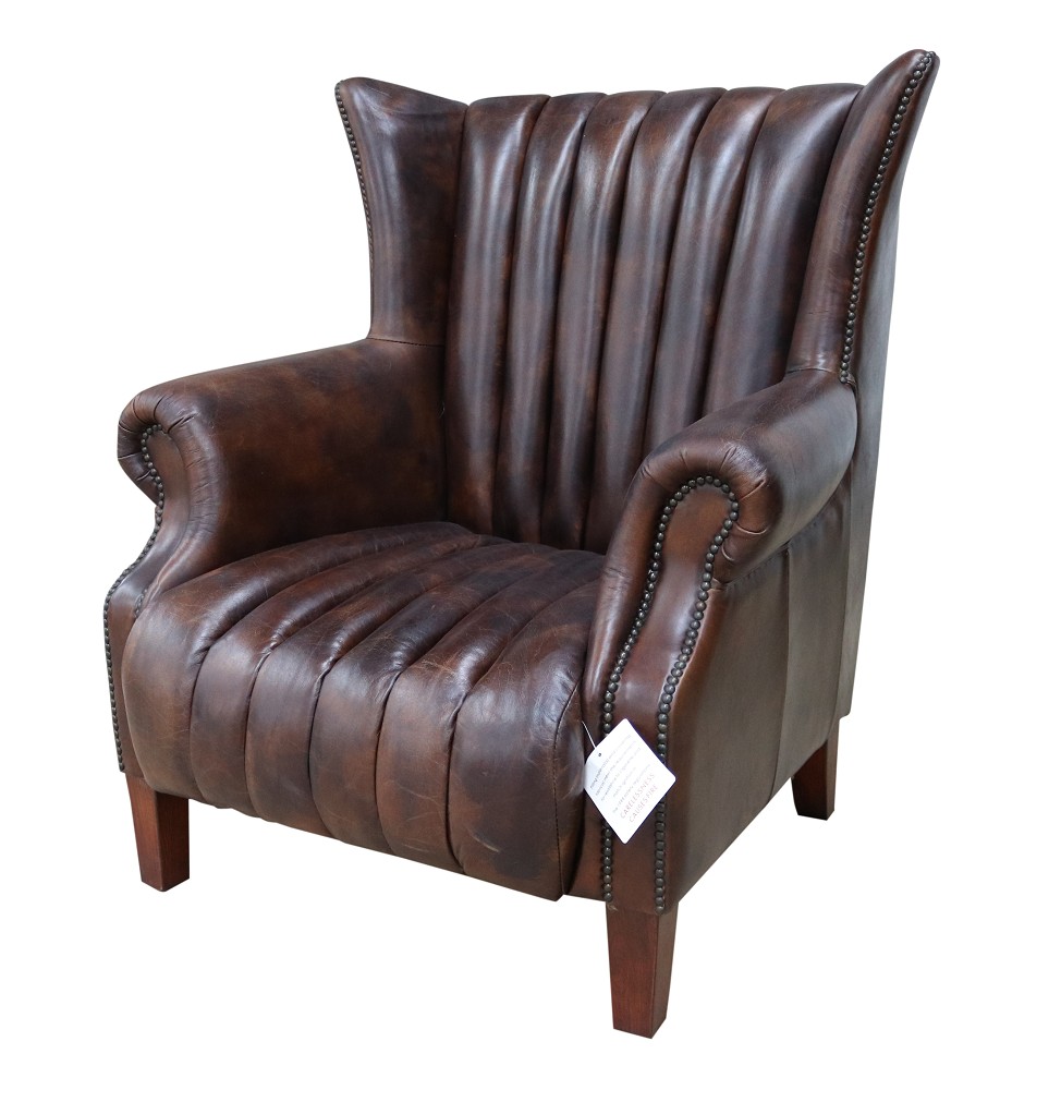 Product photograph of Cuban Cigar Handmade Wingback Chair Vintage Tobacco Brown Distressed Real Leather from Chesterfield Sofas.