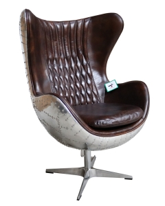 Aviator Aviation Swivel Egg Armchair Aluminium Vintage Tobacco Brown Distressed Leather 