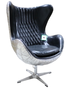 Aviator Retro Swivel Egg Armchair Aluminium Vintage Black Distressed Leather 