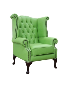 Chesterfield Queen Anne High Back Wing Chair In Apple Green Faux Leather