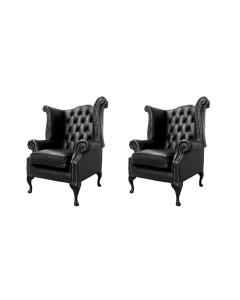 Chesterfield 2 x Chairs Old English Black Leather Chairs Offer In Queen Anne Style