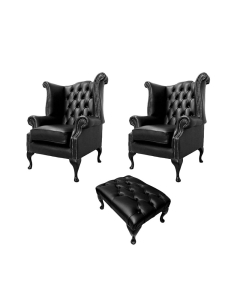 Chesterfield 2 x Wing Chairs +­ Footstool Old English Black Leather In Queen Anne Style