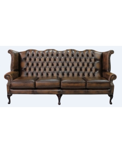 Chesterfield 4 Seater Wing High Back Antique Tan Leather Sofa In Queen Anne Style